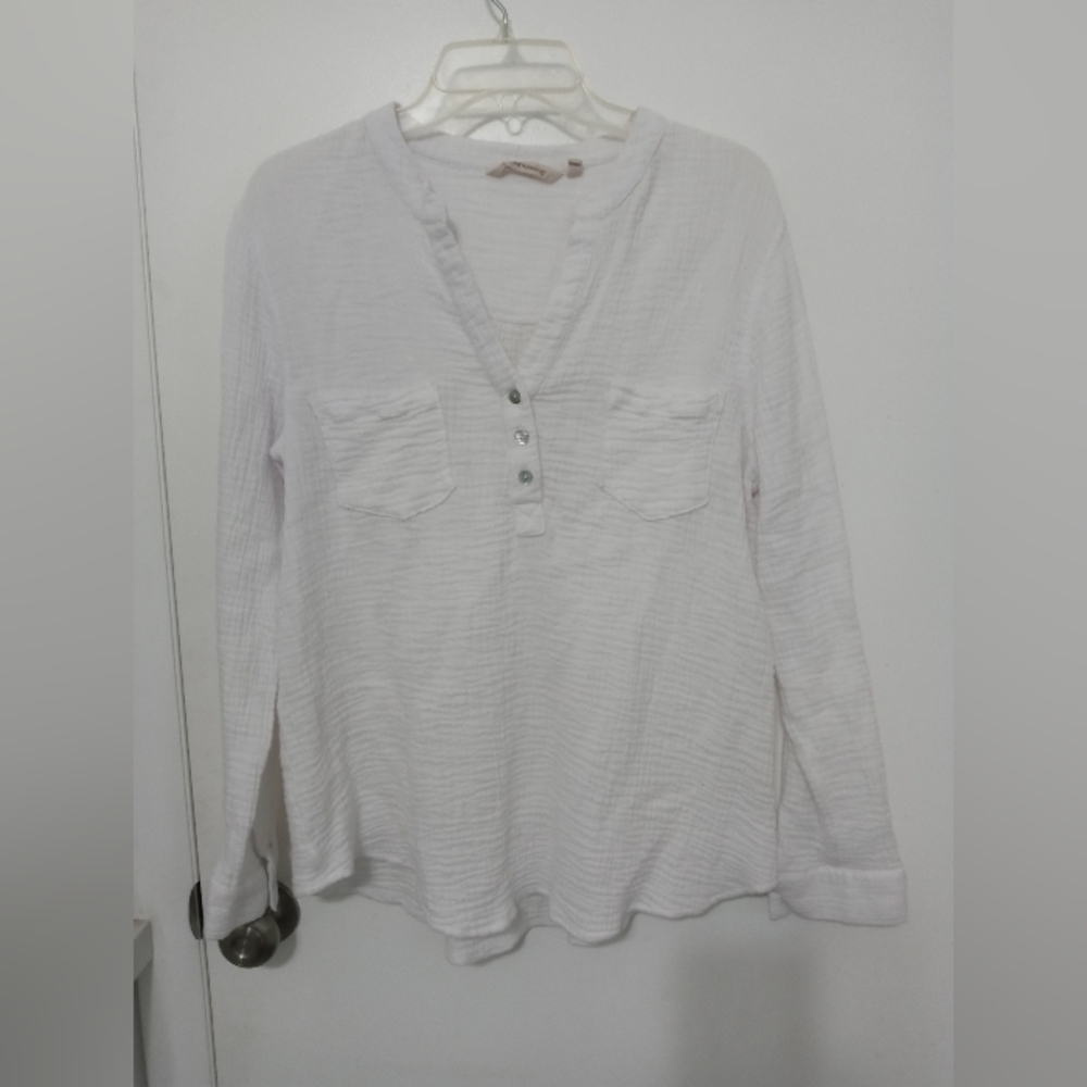 Soft Surroundings Long Sleeve Gauzy Look Stretch Tunic Blouse V Neck